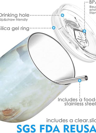 THILY Vacuum Insulated Stemless Wine Tumbler 12 oz Stainless Steel Wine Glass with Lid and Straw, Keep Cold or Hot for Coffee, Cocktails, Christmas Birthday Gift, 2 Pack(White Marble + Opal Marble)