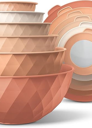 COOK WITH COLOR Mixing Bowls with Lids - 12 Piece Plastic Nesting Bowls Set includes 6 Prep Bowls and 6 Lids, Diamond Design - Microwave Safe, Orange