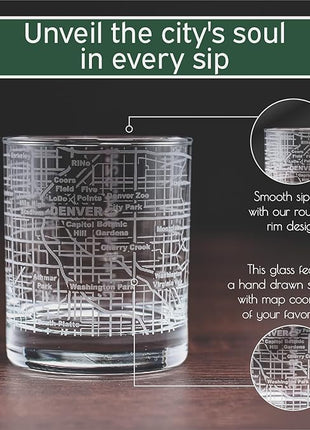 Greenline Goods Whiskey Glasses - 10 Oz Tumbler Gift Set for Denver lovers, Etched with Denver Map | Old Fashioned Rocks Glass - Set of 2