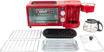 Nostalgia 3-in-1 Retro Breakfast Station - Includes 5 Cup Coffee Maker, Non-Stick Ceramic Griddle, and 4-Slice Toaster Oven - Built-In Timer, Reusable Coffee Filter, Space-Saving Design - Red