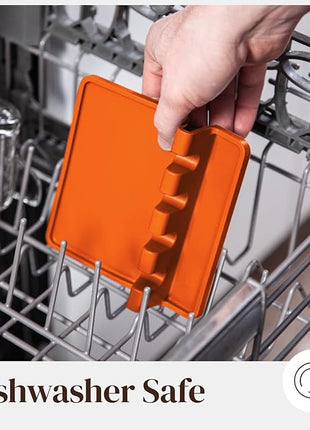 Orange Silicone Spoon Rest for Stove Top with Drip Pad (Two Pack) - Heat Resistant BPA Free Utensil Rest & Spoon Holder for Kitchen Counter - Grill Utensil Holder - Spatula Holder, Tongs, Ladle