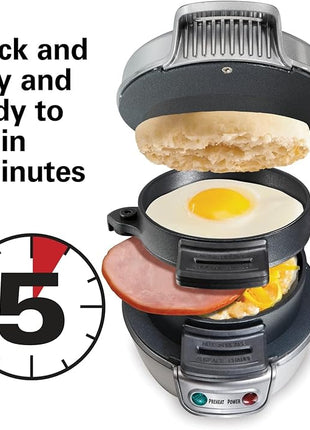Hamilton Beach Breakfast Sandwich Maker with Egg Cooker Ring, Customize Ingredients, Perfect for English Muffins, Croissants, Mini Waffles, Perfect White Elephant Gifts, Silver (25475)