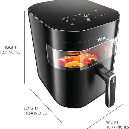 T-fal Infrared Air Fryer, 2x Faster Than Traditional Heating*, Large Air Fryer Dehydrator Combo, 8 Cooking Functions, Window With Light, No-Shake Technology, Dishwasher Safe, 1800W, Black