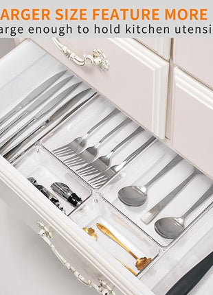 Criusia 21 Pack Large Clear Plastic Drawer Organizer Trays | BPA-Free Acrylic Organizer Bins for Large Kitchen Utensils, Bathroom, Makeup, Jewelries, Office Desk, School Supplies, Perfume