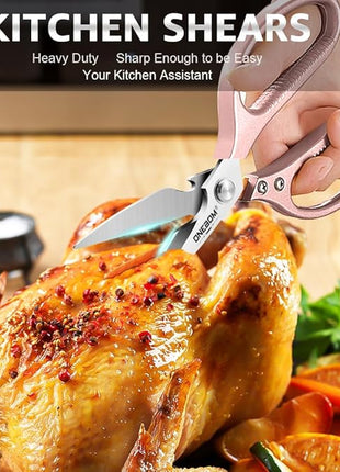 2 Pack ONEBOM Kitchen Shears,Kitchen Scissors Heavy Duty Serrated Blade for Cutting Meat, Food, Fish, Poultry Sharp Scissors, Apartment Kitchen Accessories,Gift Herb Scissor(Rose Glod)