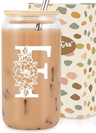 Coolife Initial Glass Cup, Monogrammed Gifts for Women, 16 oz Glass Cups w/Lids Straws, Iced Coffee Smoothie Beer Tumbler w/Straw Lid - Personalized Christmas, Birthday Gifts for Her Mom Friend Woman