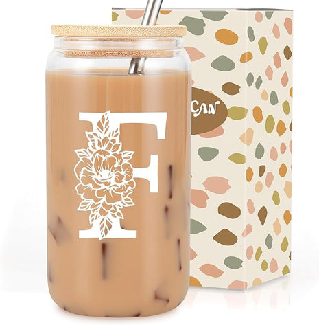 Coolife Initial Glass Cup, Monogrammed Gifts for Women, 16 oz Glass Cups w/Lids Straws, Iced Coffee Smoothie Beer Tumbler w/Straw Lid - Personalized Christmas, Birthday Gifts for Her Mom Friend Woman