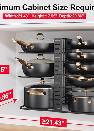 MUDEELA Pots and Pans Organizer Rack under Cabinet 14.55in Height, 8-Tiers Adjustable Pot Rack with 3 DIY Methods, Pot Lid Organizer inside Cabinet for Kitchen Pantry Organization and Storage