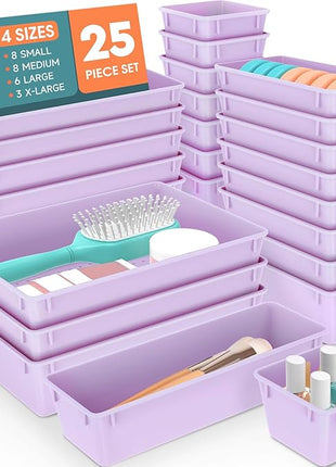 WOWBOX 25 PCS Plastic Drawer Organizer Set, 4 Sizes Desk Drawer Divider Organizers and Storage Bins for Makeup, Jewelry, Gadgets for Kitchen, Bedroom, Bathroom, Office, Purple