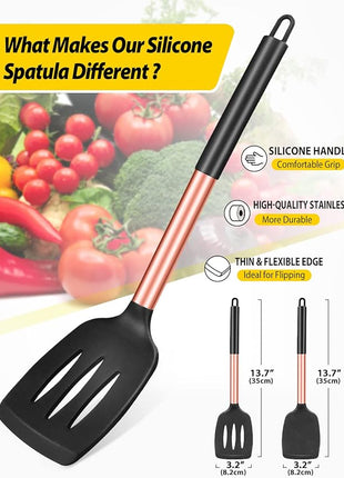 Pack of 2 Silicone Solid Turner, Non Stick Slotted Kitchen Spatulas, High Heat Resistant BPA Free Cooking Utensils, Ideal Cookware for Fish, Eggs, Pancakes(Rose Gold Black)