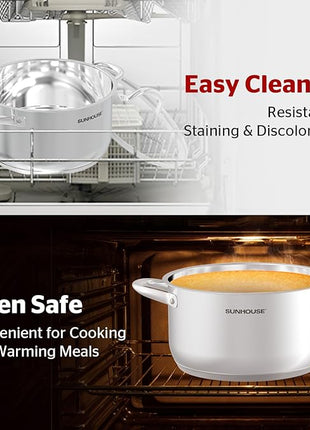 SUNHOUSE 13-Quart Stainless Steel Stockpot w/Tempered Glass Lid - Heavy-Duty, Food-Grade Cookware for Simmering, Boiling, and Induction Cooking - Exceptional Heat Distribution