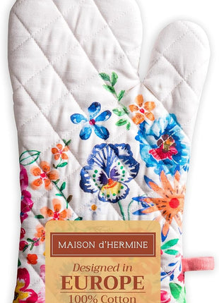 Maison d' Hermine Oven Gloves 100% Cotton Oven Mitt 7" x 13" with Loop Heat Resistant, BBQ, Cooking Gloves, Grilling, Kitchen, Handling Hot Pans Spring/Summer (Pack of 1, Happy Florals - High Summer)