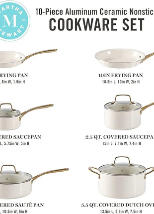 Martha Stewart Lockton Premium Non stick Non Toxic PFA Free Ceramic Interior 10 Piece Heavy Gauge Enamel Aluminum Pots and Pans Cookware Set - Linen White w/Gold Handle