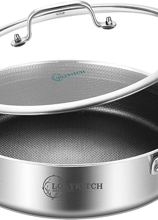 LOLYKITCH Tri-Ply Stainless Steel 10 Inch Non-Stick Sauté Pan with Lid,Induction Deep Cooking Pan, Dishwasher and Oven Safe