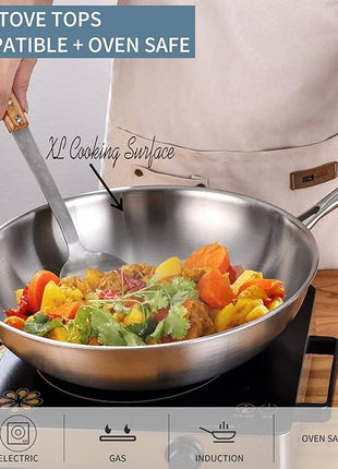 LOLYKITCH Tri-Ply 13 Inch Stainless Steel Wok Pan with Lid, Stir-Frying Pan,Induction Wok,Dishwasher and Oven Safe,Heavy Duty and Detachable handle.