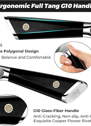 SHAN ZU Damascus Kitchen Knife Set, 7-Piece Professional Knife Sets for Chefs, Japanese 10Cr15CoMoV Super Steel With G10 Handle Knife Block Set, GYO Series