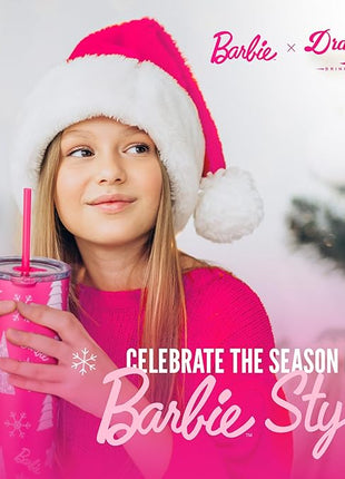 Dragon Glassware x Barbie Vacuum Insulated Stainless Steel Tumbler with Lid and Straw - Festive Holiday Travel Coffee Tumbler Cup to Keep Drinks Hot or Cold, Fits Cup Holders - Christmas Theme