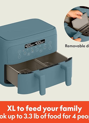 bella 4 Qt TriZone Air Fryer, EverGood™ Ceramic Nonstick Coating, Dual Basket Design w Removable Divider, Digital Touchscreen Control w 6 Preset Cooking Options, 1200 Watt, 3lb Capacity, Surf