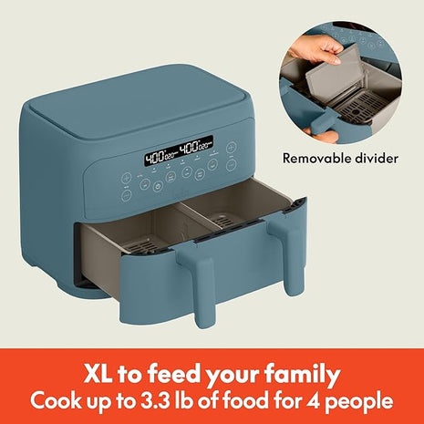 bella 4 Qt TriZone Air Fryer, EverGood™ Ceramic Nonstick Coating, Dual Basket Design w Removable Divider, Digital Touchscreen Control w 6 Preset Cooking Options, 1200 Watt, 3lb Capacity, Surf