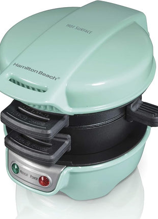 Hamilton Beach Breakfast Sandwich Maker with Egg Cooker Ring, Customize Ingredients, Perfect for English Muffins, Croissants, Mini Waffles, Perfect White Elephant Gifts, Mint (25482)