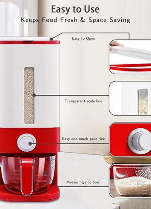 22-25 Lbs Rice Dispenser, Large Cereal Dry Food Storage Containers with Measuring Cup, BPA-Free Household for Kitchen Pantry Organization-Red