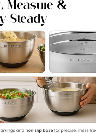 Bellemain Mixing Bowls with Lids Set - Stainless Steel Mixing Bowls with Airtight Lids - Food Storage Containers - 3PCS Set with Non-Slip Bottoms Kitchen Essentials for Baking - Serving