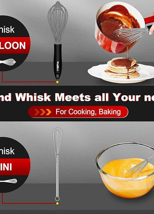 Walfos Whisk, Silicone Whisks Set of 5, Mini Stainless Steel Whisk 7in+5in and Non Scratch Coated 7+9+11in Whisks, Suitable for Blending, Whisking, Beating, Frothing & Stirring. (Grey)