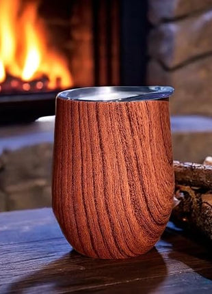 CHILLOUT LIFE 12 oz Stainless Steel Wine Tumbler with Lid - Double Wall Vacuum Insulated Wine Cup Glass Keeping Cold & Hot for Coffee, Champagne, Cocktails, Ice Cream - Wood