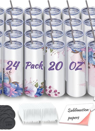 Sublimation Tumblers bulk 20 oz Skinny, 24 Pack Stainless Steel Double Wall Insulated Straight Sublimation Tumbler Cups Blank White with Lid, Individually Box,Polymer Coating for Heat Transfer