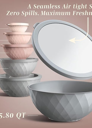 COOK WITH COLOR Mixing Bowls with Lids - 12 Piece Plastic Nesting Bowls Set includes 6 Prep Bowls and 6 Lids, Diamond Design - Microwave Safe, Pink and Grey