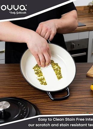 Shallow Cast Iron Casserole with Lid – Non Stick Dutch Oven Pot, Oven Safe up to 500° F – Sturdy Ovenproof Stockpot Cookware – Enamelled Cooking Pot – Black, 5-Quart, 32cm – by Nuovva