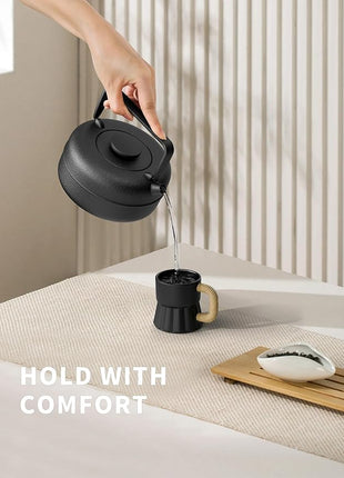 Toptier Teapot with Removable Infuser, Cast Iron Tea Kettle Stovetop Safe, Solid Geometry Cylinder Design Tea Pot Coated with Enameled Interior for 27 Ounce (800 ml), Black