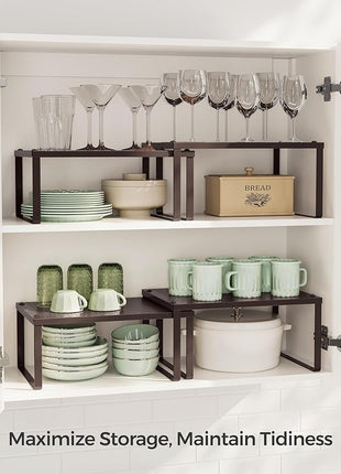 SONGMICS Spice Racks, Set of 4 Metal Cabinet Shelf Organizers, Countertop Organizers, Shelf Risers, Stackable, Expandable, Brown UKCS06BR