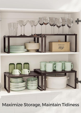 SONGMICS Spice Racks, Set of 2 Metal Cabinet Shelf Organizers, Countertop Organizers, Shelf Risers, Stackable, Expandable, Brown UKCS01BR