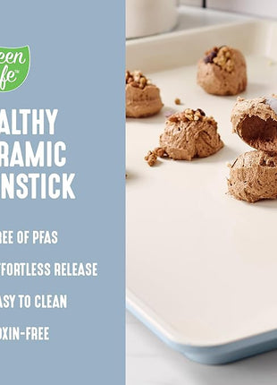 GreenLife Bakeware 18” x 13” Half Cookie Sheet Baking Pan, Non-Toxic PFAS-Free Healthy Ceramic Nonstick, Oven Safe to 450°F, Easy Release, Even Heating, Easy Clean, Blue Haze