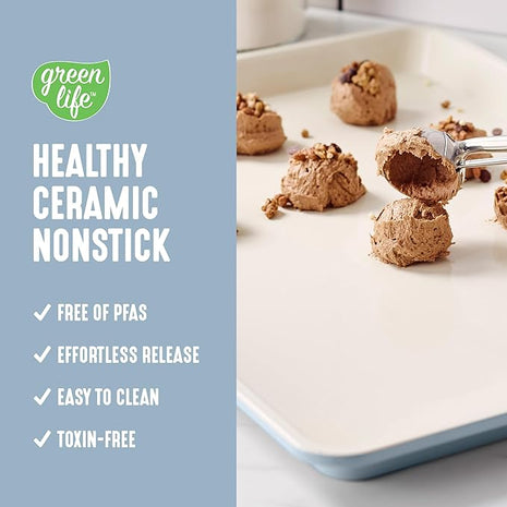 GreenLife Bakeware 18” x 13” Half Cookie Sheet Baking Pan, Non-Toxic PFAS-Free Healthy Ceramic Nonstick, Oven Safe to 450°F, Easy Release, Even Heating, Easy Clean, Blue Haze