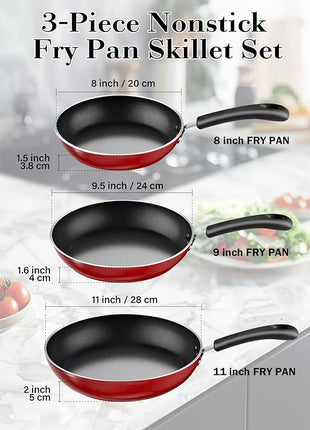 Cook N Home Nonstick Frying Pans Set 3 Piece, 8, 9.5, 11-Inch Kitchen Cooking Skillets Saute Fry Pan Induction Compatible, Marble Red