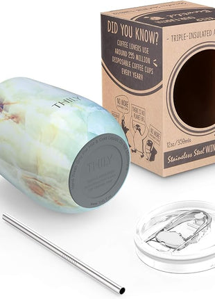 THILY Stemless Wine Tumbler Vacuum Insulated 12 oz Triple-Insulated Stainless Steel Wine Glass with Lid, Straw, Keep Cold for Coffee, Cocktails, Opal Marble