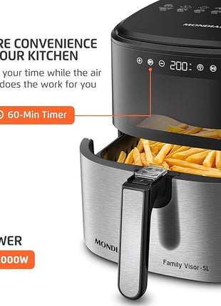 Mondial - Air Fryer Digital Visor Inox 5.3QT Capacity - High Power & Elegant Stainless Steel Finish - Black & Inox