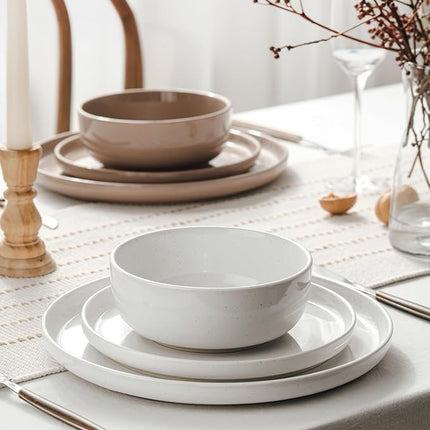 Famiware Milkyway Plates and Bowls Sets, 12 Pieces Stoneware Dinnerware Sets, Dishes Set for 4, White & Cinnamon Brown