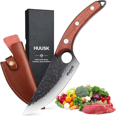 Huusk Viking Knives, Japanese Style Meat Cleaver Knives, Forged Boning Knife with Sheath, High Carbon Steel Chef Knives for Kitchen, Camping or BBQ Thanksgiving Christmas Gifts