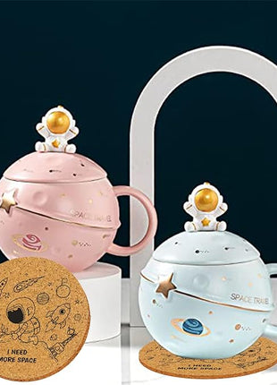 Kawaii Astronaut Cup Space Embossed Planet Mug, Cute Ceramic Coffee Mug, Novelty Mug with Lid and Spoon for Coffee, Tea, Milk, Aesthetic Room Decor Funny Gift for Girl Boy Women (Blue)