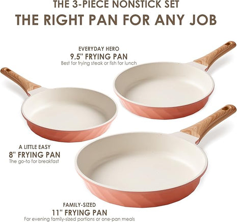 Frying Pans Non stick - 3 PCS Nonstick Frying Pan Set Omelette Pans for Cooking Set, Granite Skillet Set Kitchen Induction Cookware Chef's Pan Gift, 8", 9.5" &11", Coral Pink