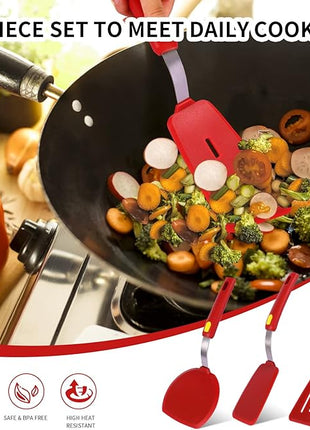 Silicone Spatula Turner Heat Resistant 600°F 3 Piece Set Non Scratch Flexible Slotted and Solid Thin Rubber Spatula Flipper for Cooking Pancake,Egg,Fish,Burger,Steak for Nonstick Cookware,Red