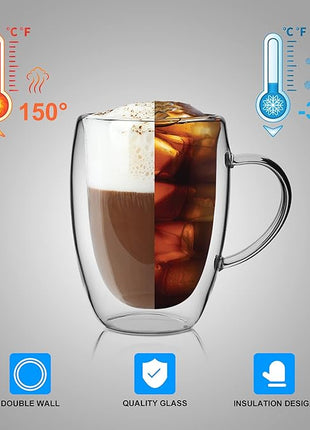 LIBWYS 6 Pack Double Walled Coffee Cups Glasses Mugs, 12oz Espresso Cappuccino Latte Tea Cups with Handle, Heat Resistant Borosilicate Clear Glasses 350ml