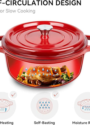 Miereirl 6.5 Quart Enameled Dutch Oven Pot with Lid, Cast Iron Dutch Oven with Dual Handles for Bread Baking, Cooking, Non-stick Enamel Coated Cookware (Red)