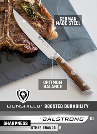 Dalstrong Steak Knife Set-4pc 5" Straight Blade Edge-Gladiator Series-Forged German High-Carbon Steel-w/Sheaths-Olive ABS Handle-Dinner Set Kitchen Knives