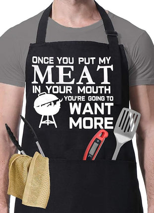 Funny Grilling Apron for Men, Adjustable Black BBQ Cooking Apron with Three Large Pockets, Chef Kitchen Apron for Barbecue and Outdoor Use, Gift for Dad, Husband, Boyfriend