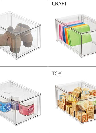 mDesign Plastic Pantry Organization and Storage Bin w/Pull Out Drawer - Stackable Kitchen Supplies Storage Container for Organizing Cabinet, Fridge, Freezer - Lumiere Collection - 4 Pack, Clear