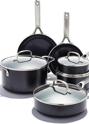 OXO Agility Series 10 Piece Cookware Pots and Pans Set, Ceramic Nonstick PFAS-Free, Induction, Skillets,Saucepans,Lids,Even Heating,Stainless Steel Handles,Chip-Free Rims,Dishwasher & Oven Safe,Black